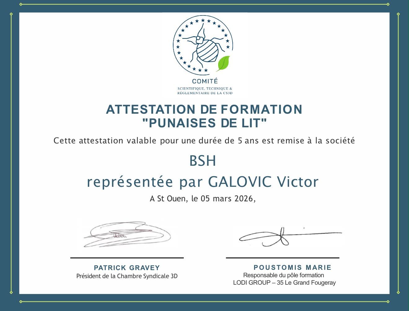 Attestation CS3D Punaises de lit Attestation CS3D Punaises de lit